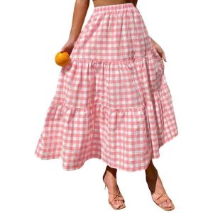 imageIDEALSANXUN Womens Gingham Maxi Skirts Elastic High Waisted Gingham Flowy Spring Summer Y2K Casual Boho Plaid SkirtPink