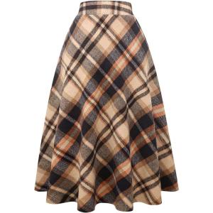imageIDEALSANXUN Womens Plaid Wool Skirts Elastic Waist ALine Pleated Tartan Long SkirtsLong Brown