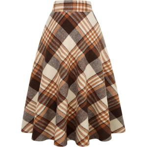 imageIDEALSANXUN Womens Plaid Wool Skirts Elastic Waist ALine Pleated Tartan Long SkirtsLong Orange Brown