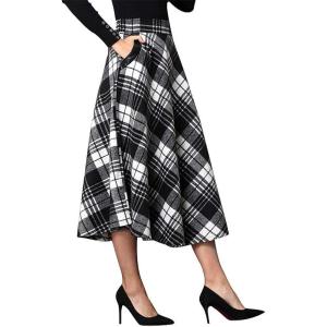 imageIDEALSANXUN Womens Plaid Wool Skirts Elastic Waist ALine Pleated Tartan Long SkirtsMidcalf Blackwhite