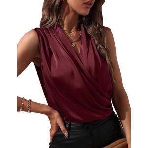 image:imageIDEALSANXUN Satin Tank Tops for Women Spring Summer V Neck Wrap Sleeveless Silk Vest Business Casual Shirts BlousesWine