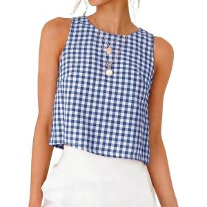 image:imageIDEALSANXUN Womens Gingham Crop Tank Tops 2026 Spring Summer Sleeveless Vest TopBlue
