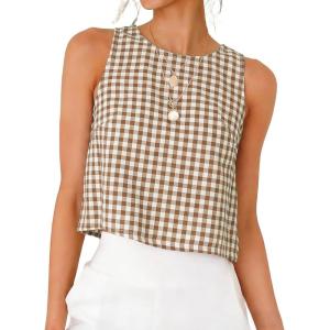 image:imageIDEALSANXUN Womens Gingham Crop Tank Tops 2026 Spring Summer Sleeveless Vest TopDark Khaki