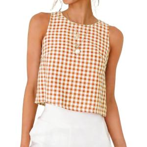 image:imageIDEALSANXUN Womens Gingham Crop Tank Tops 2026 Spring Summer Sleeveless Vest TopOrange