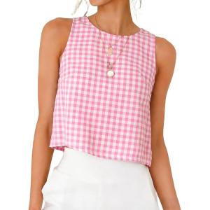 image:imageIDEALSANXUN Womens Gingham Crop Tank Tops 2026 Spring Summer Sleeveless Vest TopPink
