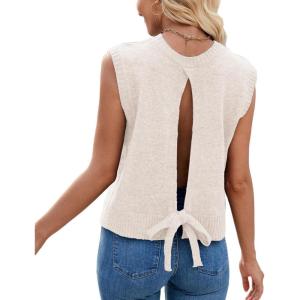image:imageIDEALSANXUN Backless Sweater Vest for Women Spring Summer Tie Back Sleeveless Open Back Knit Tank TopsBeige