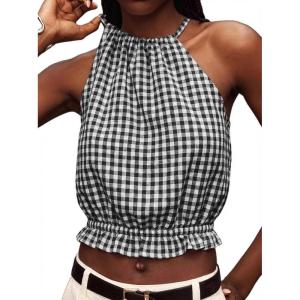 image:imageIDEALSANXUN Womens Crop Linen Halter Tops Summer High Neck Tank Tops Sleeveless ShirtsGingham Black