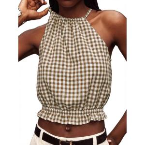 image:imageIDEALSANXUN Womens Crop Linen Halter Tops Summer High Neck Tank Tops Sleeveless ShirtsGingham Dark Khaki