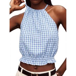 image:imageIDEALSANXUN Womens Crop Linen Halter Tops Summer High Neck Tank Tops Sleeveless ShirtsGingham Light Blue