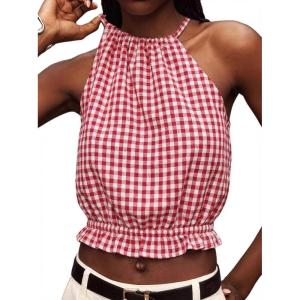 image:imageIDEALSANXUN Womens Crop Linen Halter Tops Summer High Neck Tank Tops Sleeveless ShirtsGingham Wine
