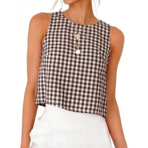 image:imageIDEALSANXUN Womens Gingham Crop Tank Tops 2026 Spring Summer Sleeveless Vest TopCoffee