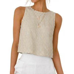 image:imageIDEALSANXUN Womens Gingham Crop Tank Tops 2026 Spring Summer Sleeveless Vest TopStriped Khaki