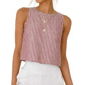 image:imageIDEALSANXUN Womens Gingham Crop Tank Tops 2026 Spring Summer Sleeveless Vest TopStriped Wine