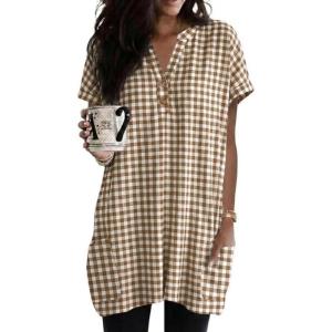 image:imageIDEALSANXUN Womens Gingham Dress Spring Summer Beach Casual Short Sleeve Plaid Mini DressesDark Khaki
