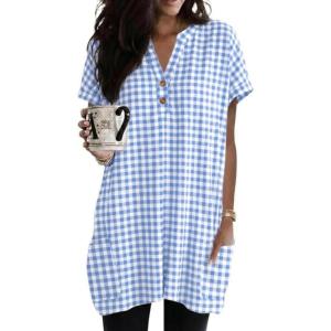 image:imageIDEALSANXUN Womens Gingham Dress Spring Summer Beach Casual Short Sleeve Plaid Mini DressesLight Blue