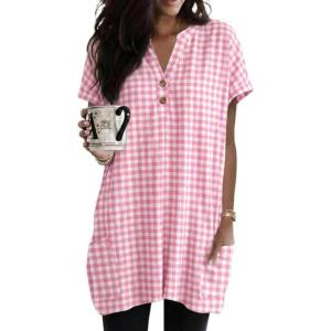 image:imageIDEALSANXUN Womens Gingham Dress Spring Summer Beach Casual Short Sleeve Plaid Mini DressesPink
