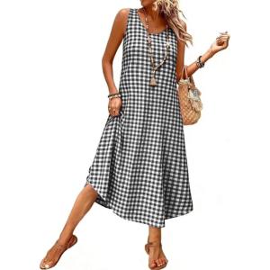 image:imageIDEALSANXUN Womens Gingham Dress Spring Summer Beach Casual Sleeveless Midi SundressesBlack