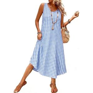 image:imageIDEALSANXUN Womens Gingham Dress Spring Summer Beach Casual Sleeveless Midi SundressesLight Blue