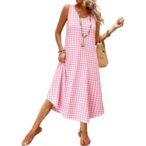 image:imageIDEALSANXUN Womens Gingham Dress Spring Summer Beach Casual Sleeveless Midi SundressesPink