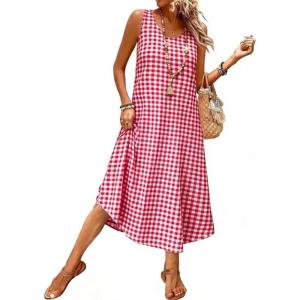 image:imageIDEALSANXUN Womens Gingham Dress Spring Summer Beach Casual Sleeveless Midi SundressesWine