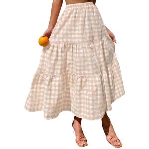 image:imageIDEALSANXUN Womens Gingham Maxi Skirts Elastic High Waisted Gingham Flowy Spring Summer Y2K Casual Boho Plaid SkirtBeige