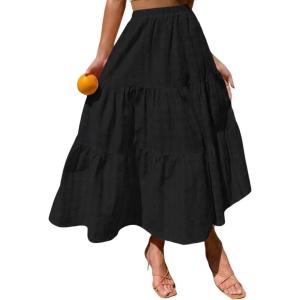 image:imageIDEALSANXUN Womens Gingham Maxi Skirts Elastic High Waisted Gingham Flowy Spring Summer Y2K Casual Boho Plaid SkirtBlack