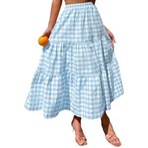 image:imageIDEALSANXUN Womens Gingham Maxi Skirts Elastic High Waisted Gingham Flowy Spring Summer Y2K Casual Boho Plaid SkirtLight Blue