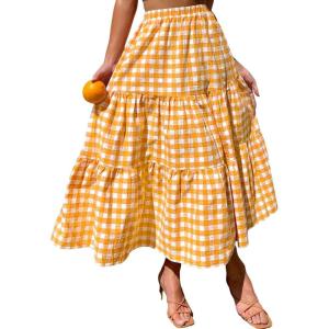 image:imageIDEALSANXUN Womens Gingham Maxi Skirts Elastic High Waisted Gingham Flowy Spring Summer Y2K Casual Boho Plaid SkirtOrange