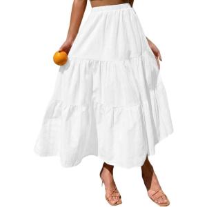 image:imageIDEALSANXUN Womens Gingham Maxi Skirts Elastic High Waisted Gingham Flowy Spring Summer Y2K Casual Boho Plaid SkirtWhite