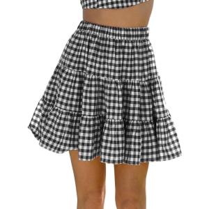 image:imageIDEALSANXUN Womens Gingham Skirts Spring Summer High Waisted A Line Mini Tiered SkirtBlack