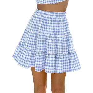 image:imageIDEALSANXUN Womens Gingham Skirts Spring Summer High Waisted A Line Mini Tiered SkirtLight Blue