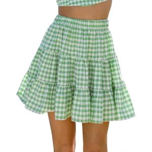 image:imageIDEALSANXUN Womens Gingham Skirts Spring Summer High Waisted A Line Mini Tiered SkirtLight Green