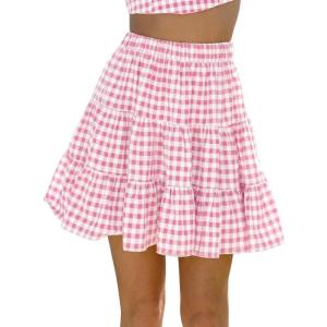 image:imageIDEALSANXUN Womens Gingham Skirts Spring Summer High Waisted A Line Mini Tiered SkirtPink