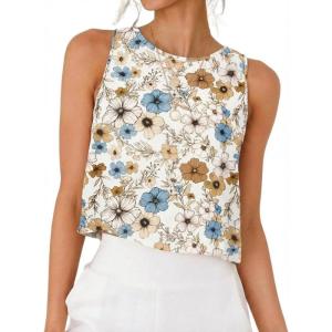 image:imageIDEALSANXUN Womens Linen Crop Tank Tops 2026 Spring Summer Beach Sleeveless TopsFloral Blue Brown