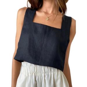 image:imageIDEALSANXUN Womens Linen Crop Tank Tops Cute Summer Sleeveless Cropped Cotton Linen TopsBlack