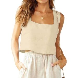image:imageIDEALSANXUN Womens Linen Crop Tank Tops Cute Summer Sleeveless Cropped Cotton Linen TopsKhaki