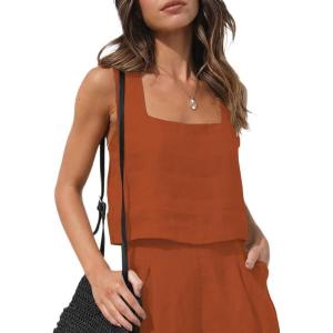 image:imageIDEALSANXUN Womens Linen Crop Tank Tops Summer Cute Sleeveless Square Neck Loose Fit Shirts BlousesBrick