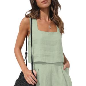 image:imageIDEALSANXUN Womens Linen Crop Tank Tops Summer Cute Sleeveless Square Neck Loose Fit Shirts BlousesLight Green