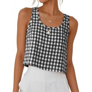 image:imageIDEALSANXUN Womens Scoop Neck Crop Tank Tops Spring Summer Sleeveless TopsPlaid Black