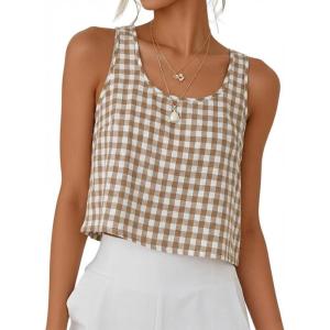image:imageIDEALSANXUN Womens Scoop Neck Crop Tank Tops Spring Summer Sleeveless TopsPlaid Brown