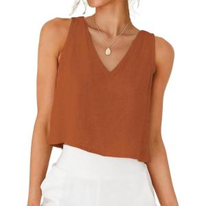 image:imageIDEALSANXUN Womens V Neck Cropped Linen Tank Tops Spring Summer Sleeveless ShirtsBrick Red