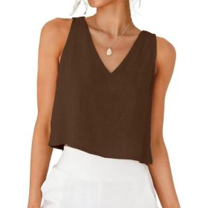 image:imageIDEALSANXUN Womens V Neck Cropped Linen Tank Tops Spring Summer Sleeveless ShirtsCoffee