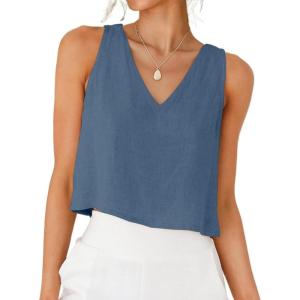 image:imageIDEALSANXUN Womens V Neck Cropped Linen Tank Tops Spring Summer Sleeveless ShirtsGrey Blue