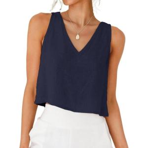 image:imageIDEALSANXUN Womens V Neck Cropped Linen Tank Tops Spring Summer Sleeveless ShirtsNavy