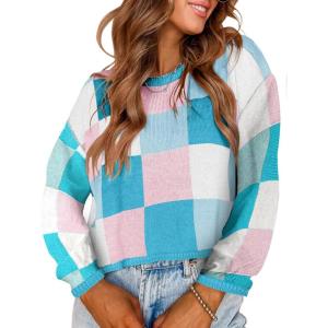 image:imageIDEALSANXUN Womens Color Block Cropped Sweater Fall Winter Trendy Cute Long Sleeve Knit Sweater TopsBlue