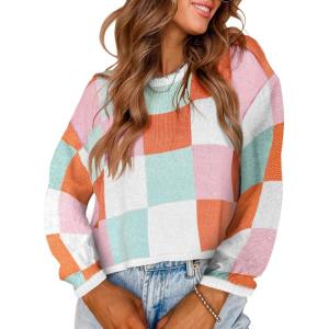 image:imageIDEALSANXUN Womens Color Block Cropped Sweater Fall Winter Trendy Cute Long Sleeve Knit Sweater TopsPink
