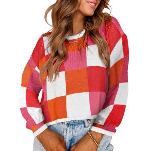 image:imageIDEALSANXUN Womens Color Block Cropped Sweater Fall Winter Trendy Cute Long Sleeve Knit Sweater TopsRed