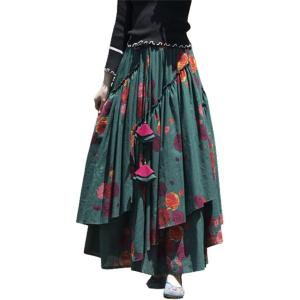 image:imageIDEALSANXUN Womens Elastic Waist Aline Cotton Lined Retro Maxi Hem Pleated Long SkirtsPrint 8