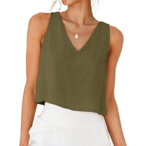 image:imageIDEALSANXUN Womens V Neck Cropped Linen Tank Tops Spring Summer Sleeveless ShirtsArmy
