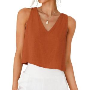 image:imageIDEALSANXUN Womens V Neck Cropped Linen Tank Tops Spring Summer Sleeveless ShirtsBrick Orange